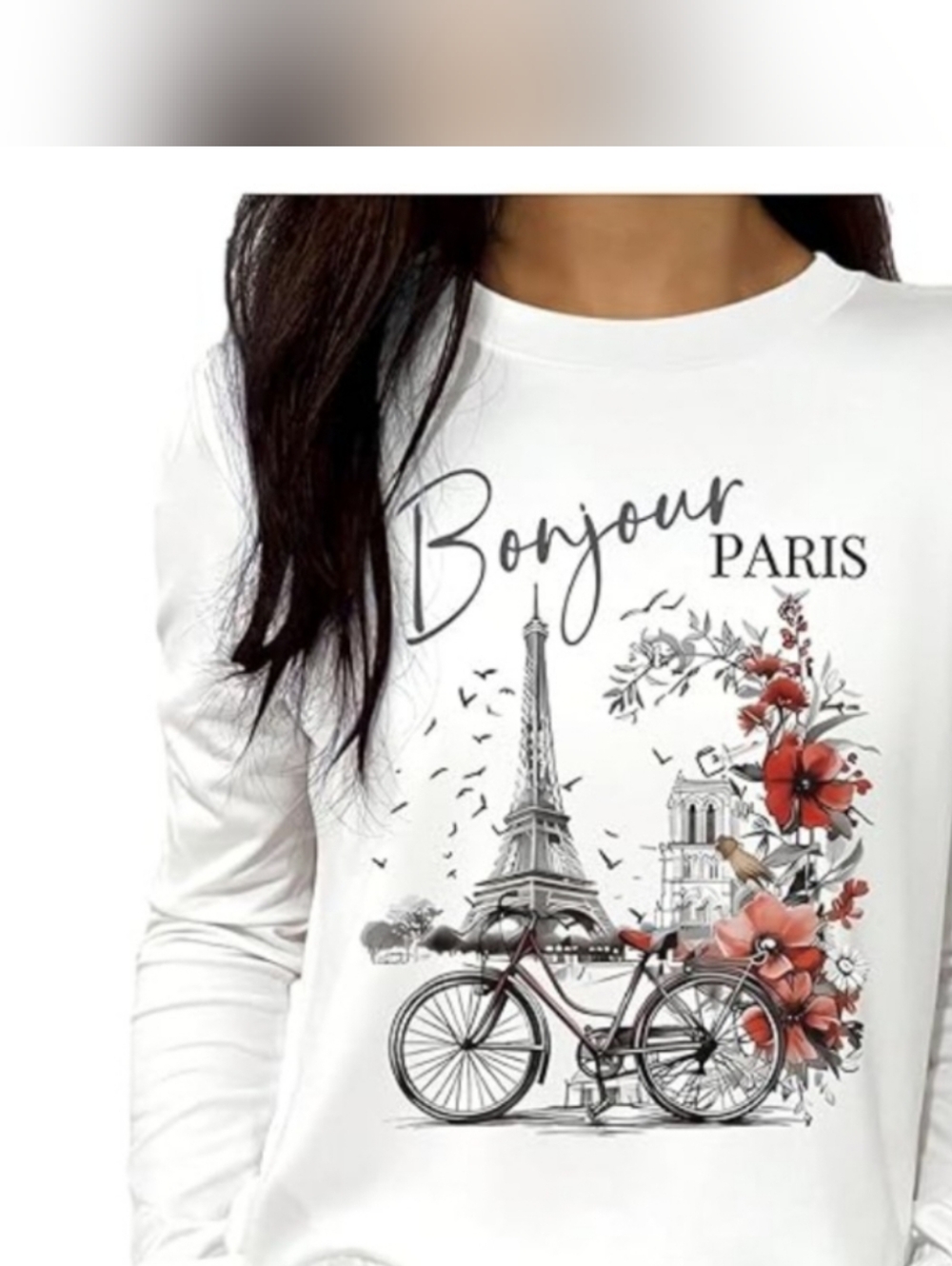 New Bonjour Paris Floral Bicycle White Graphic Long-Sleeve Top Sz.XXL - Picture 5 of 5